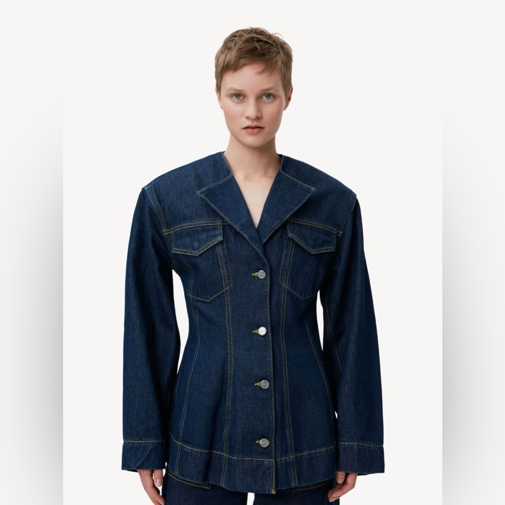 Ganni Dark Blue Denim Cinching Blazer